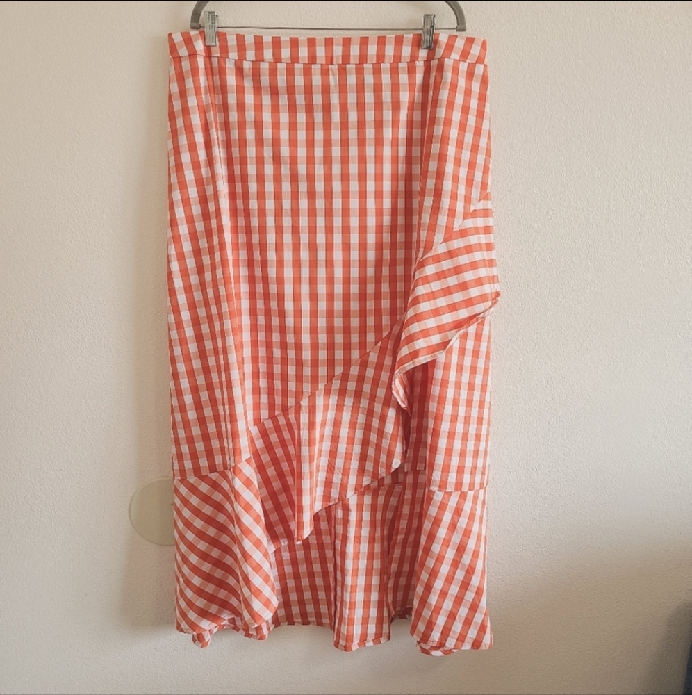 Eloquii Orange and White Checkered/Gingham Skirt